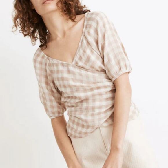 Madewell Tan Gingham Check Sweetheart Wrap Top Size Small - Picture 2 of 9